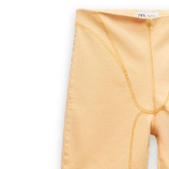 Zara Orange Denim High Rise Bike Shorts Tonal Seams US XS - Picture 8 of 9